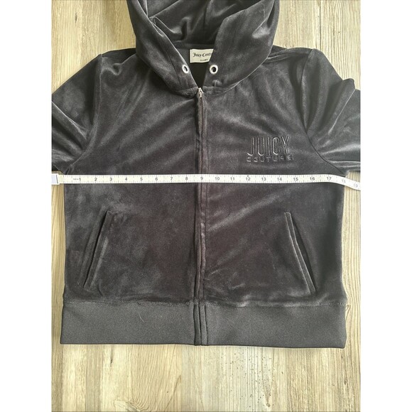 Juicy Couture Black Velour Cropped Tracksuit Jacket Zip Up Hoodie Size Medium - Picture 7 of 8
